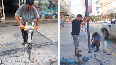 Comenzó la instalación de nuevas columnas para la iluminación de las peatonales