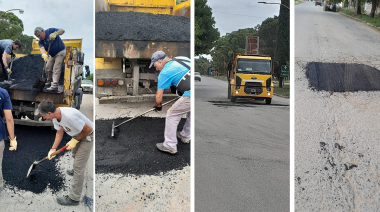 Se realizan trabajos de bacheo en la Ruta 80 que une a Juan N. Fernández con Claraz