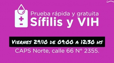 Este viernes en el CAPS Norte habrá pruebas gratuitas de Sífilis y VIH
